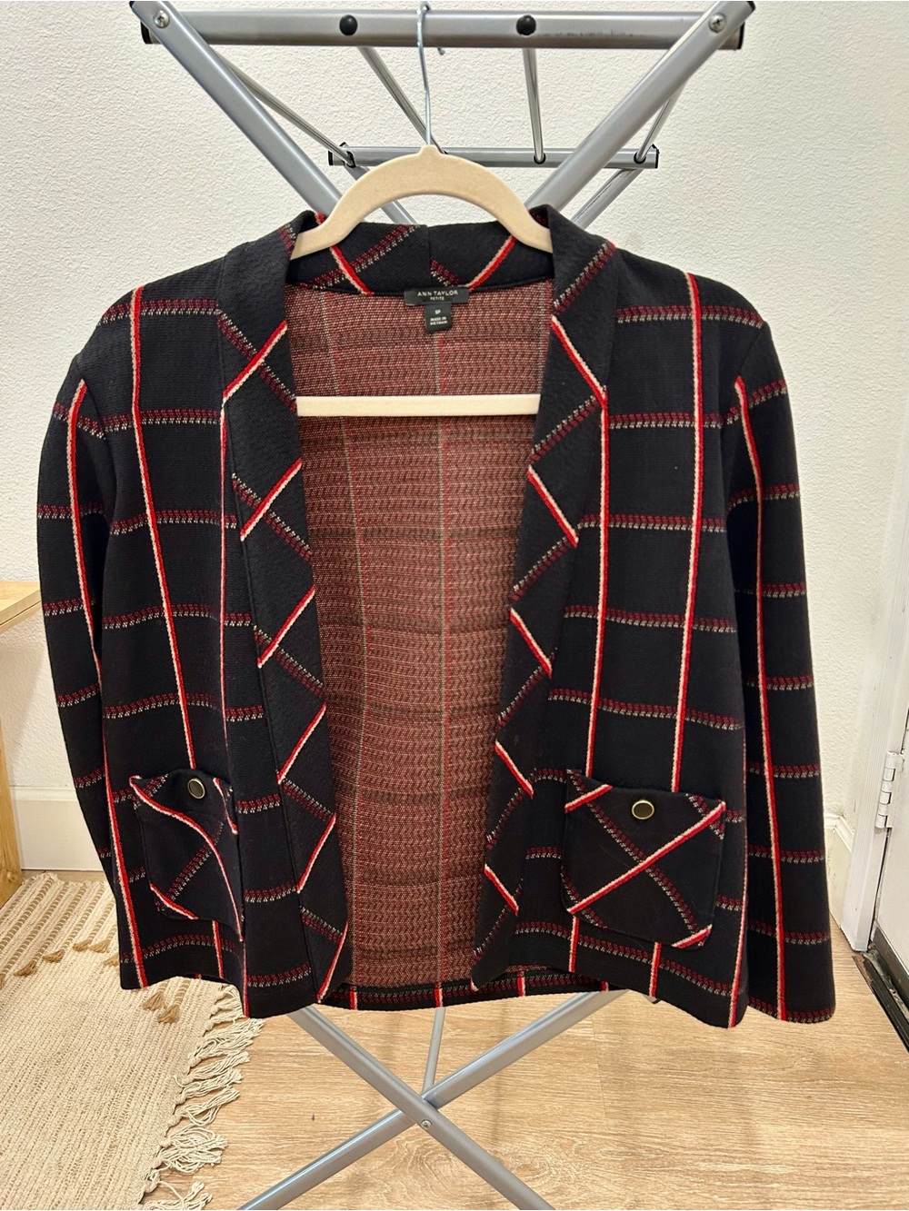 Ann Taylor Black Blazer with Red Windowpane Trim
